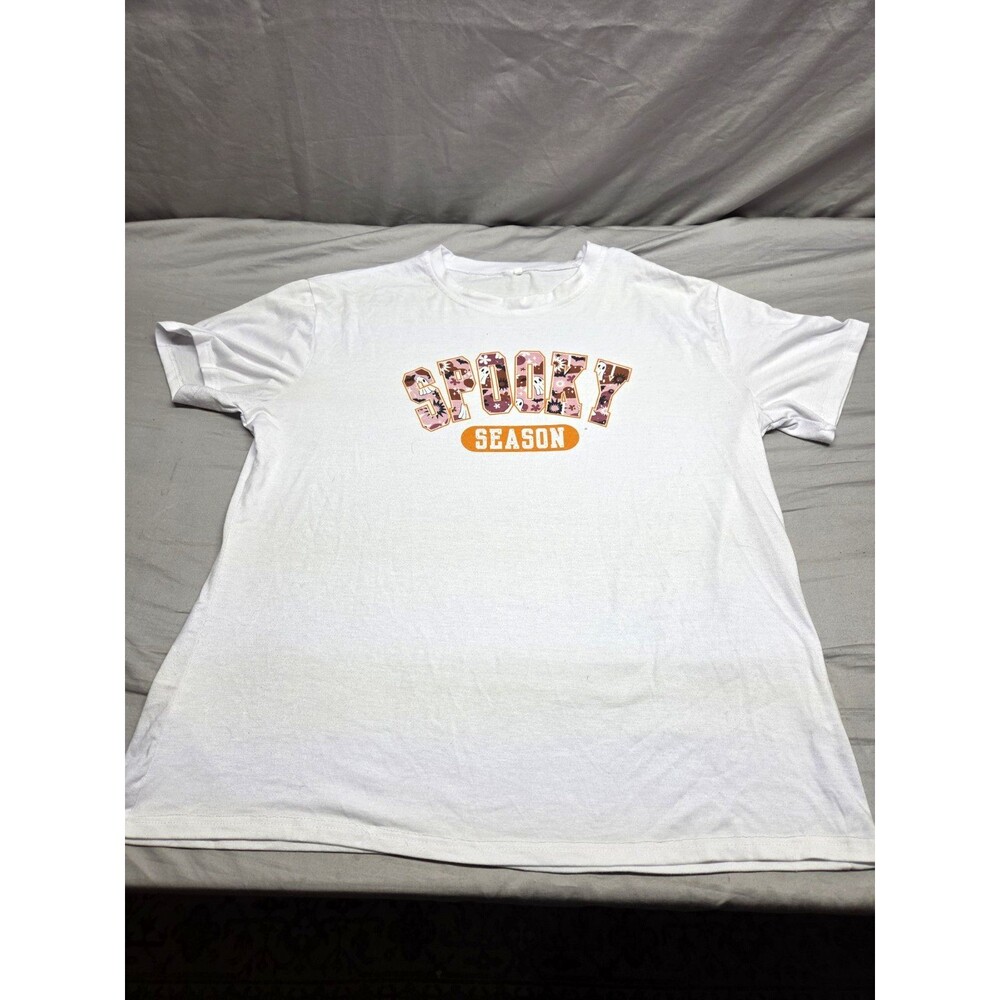 Women's White Halloween Spooky Season Graphic Crew Neck Short Sleeve T-Shirt 2XL
